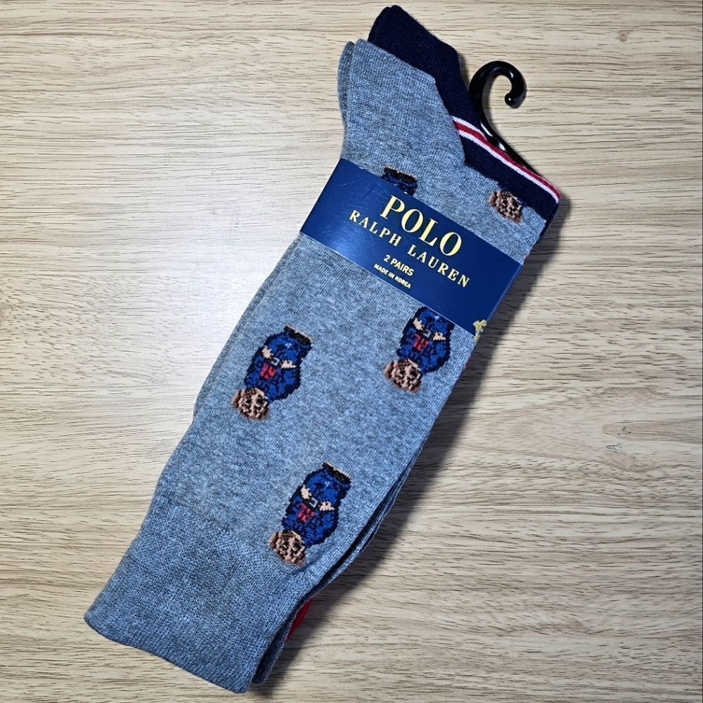 Polo Ralph Lauren Bear USA Socks 2-Pack AOP Striped Large L 10-13 Grey Navy Pony